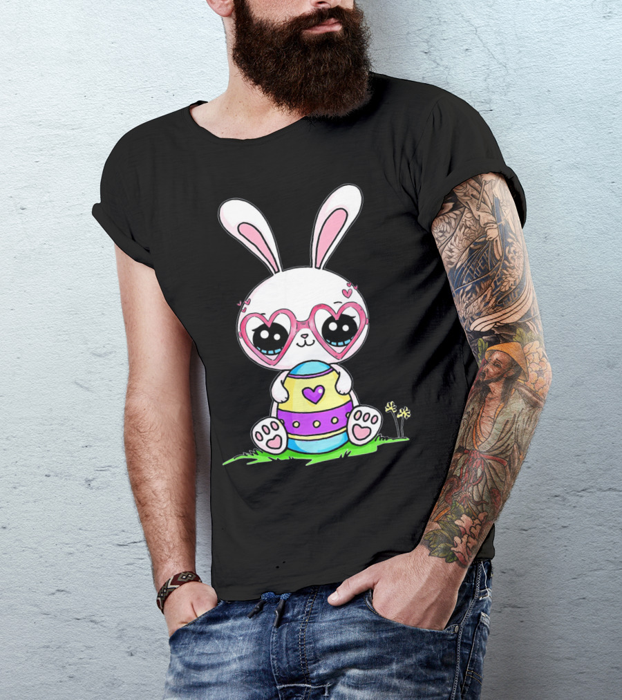 Adorable Easter Bunny With Heart-Shaped Glasses And Colorful Egg T-Shirt