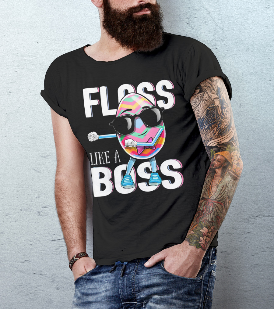 FLOSS LIKE A BOSS Flossing Easter Egg With Sunglasses And Colorful Stripes T-Shirt