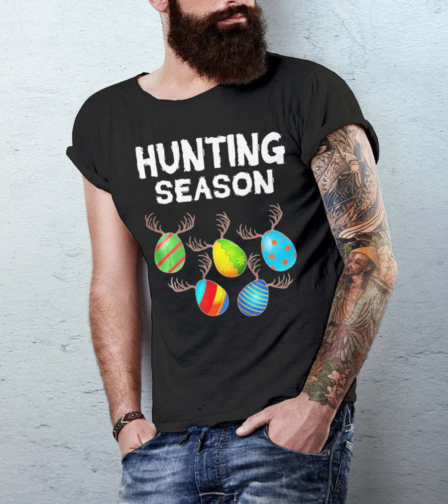 Hunting Season Funny Easter Bunny With Colorful Eggs And Antlers T-Shirt