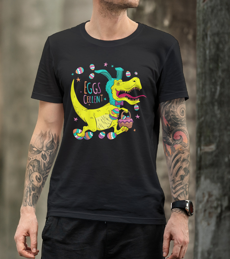 EGGS Cellent Yellow Bunny Rex Dinosaur With Easter Eggs T-Shirt