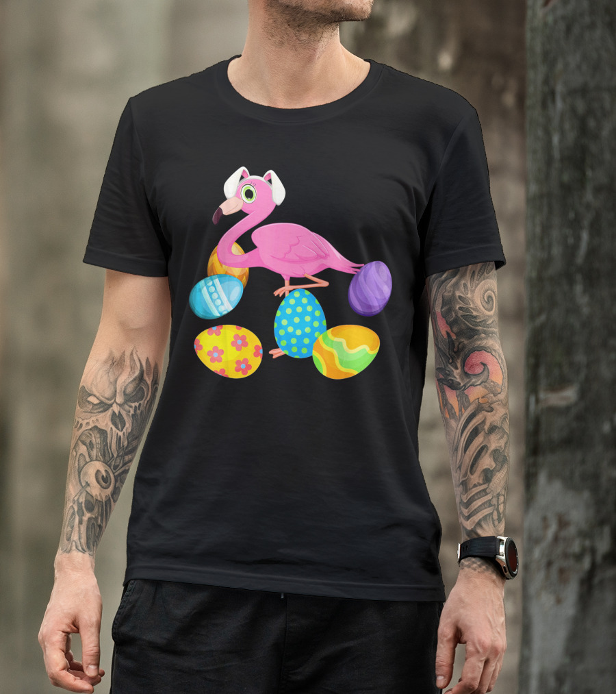 Flamingo Bunny Rabbit Hat With Colorful Easter Eggs Playing Easter T-Shirt