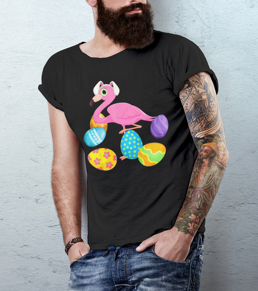 Flamingo Bunny Rabbit Hat With Colorful Easter Eggs Playing Easter T-Shirt