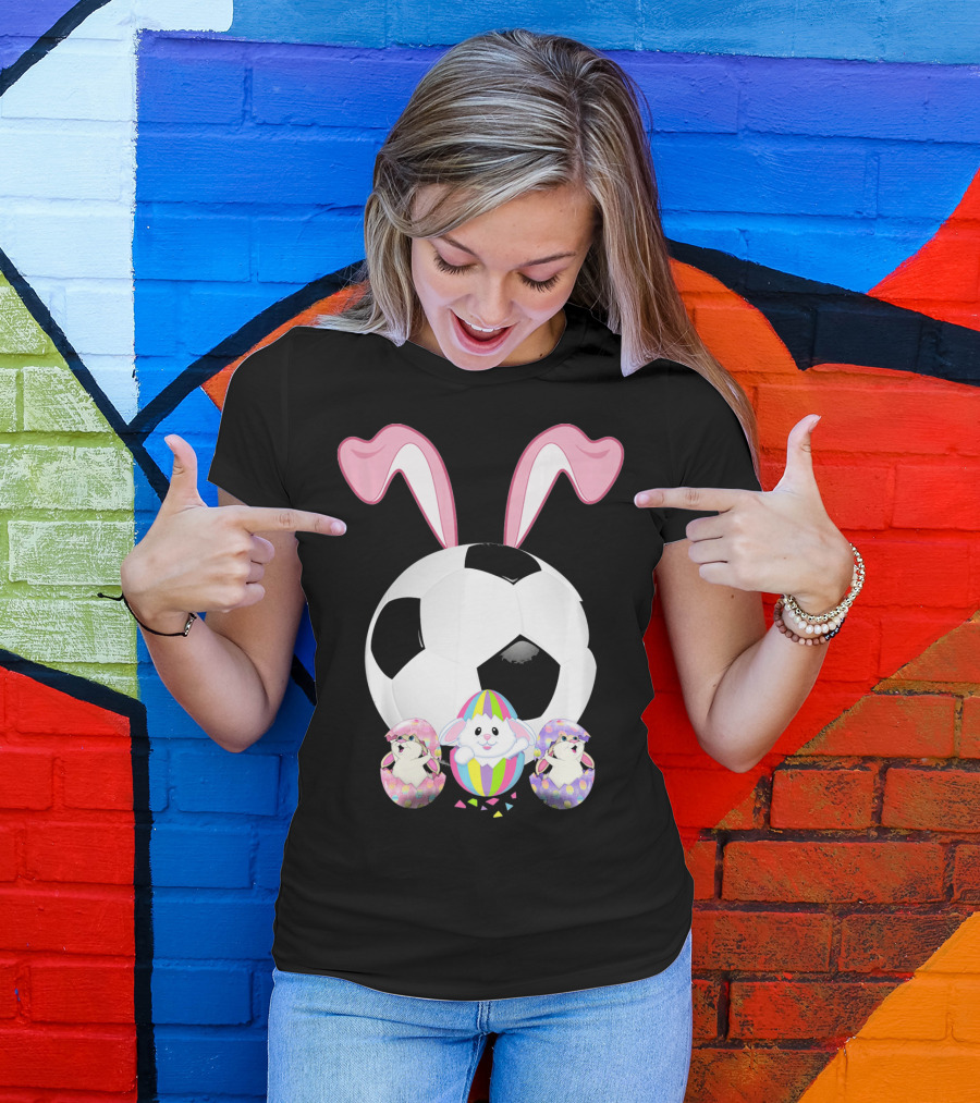 Soccer Easter Bunny Egg With Pink Ears And Colorful Easter Eggs T-Shirt