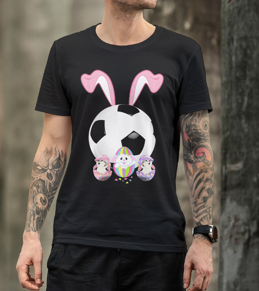 Soccer Easter Bunny Egg With Pink Ears And Colorful Easter Eggs T-Shirt