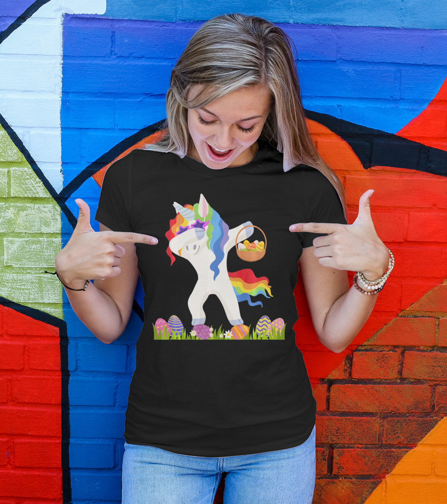 Funny Unicorn Dabbing With Easter Basket And Eggs Happy Easter Day T-Shirt