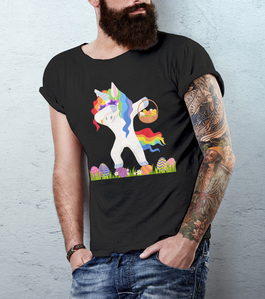 Funny Unicorn Dabbing With Easter Basket And Eggs Happy Easter Day T-Shirt