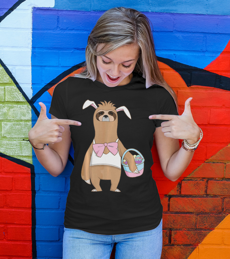 Sloth Easter Bunny Lazy Rabbit With Basket Of Eggs T-Shirt