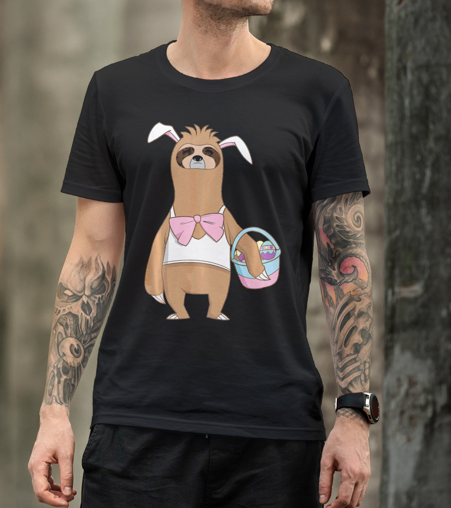Sloth Easter Bunny Lazy Rabbit With Basket Of Eggs T-Shirt
