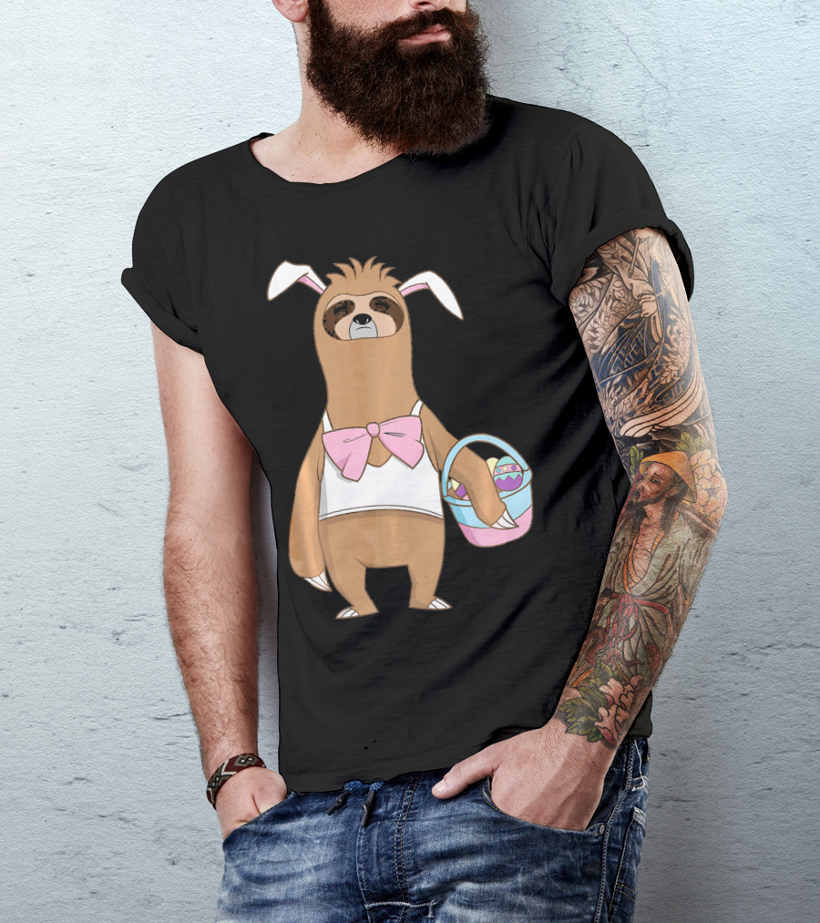 Sloth Easter Bunny Lazy Rabbit With Basket Of Eggs T-Shirt