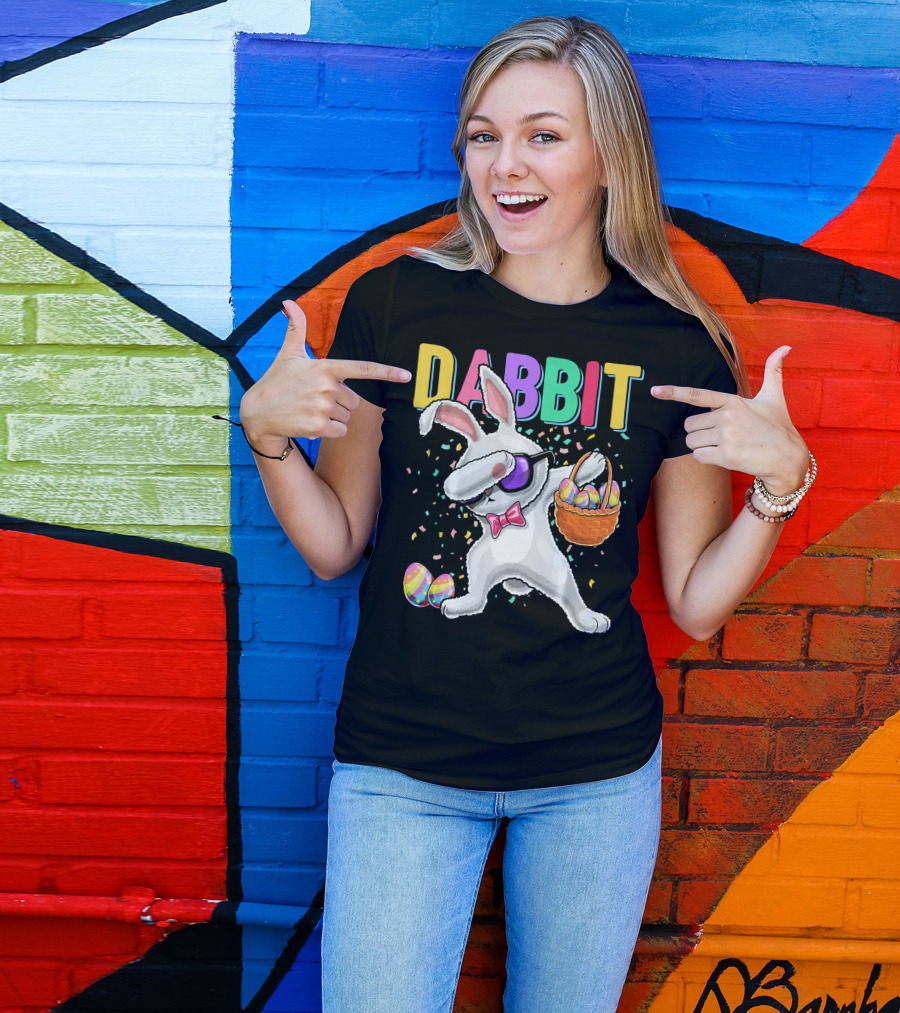 Dabbit Dabbing Easter Bunny With Eggs Basket And Confetti T-Shirt