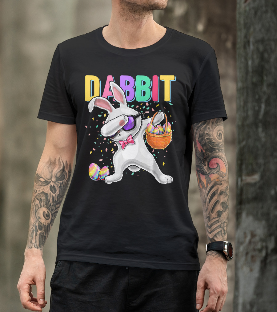 Dabbit Dabbing Easter Bunny With Eggs Basket And Confetti T-Shirt