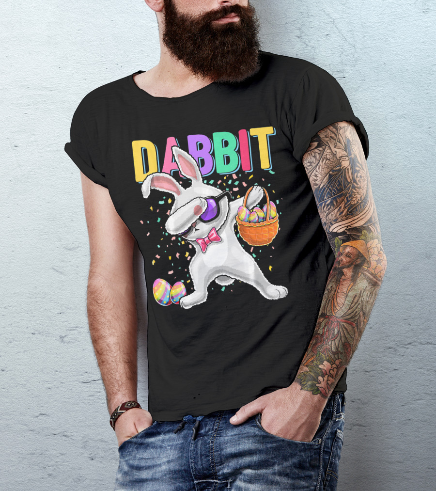 Dabbit Dabbing Easter Bunny With Eggs Basket And Confetti T-Shirt
