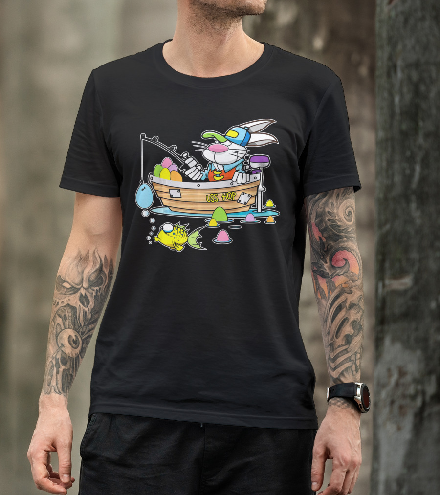 Fun Easter Bunny Fishing USS Hop With Eggs And Colorful Fish T-Shirt