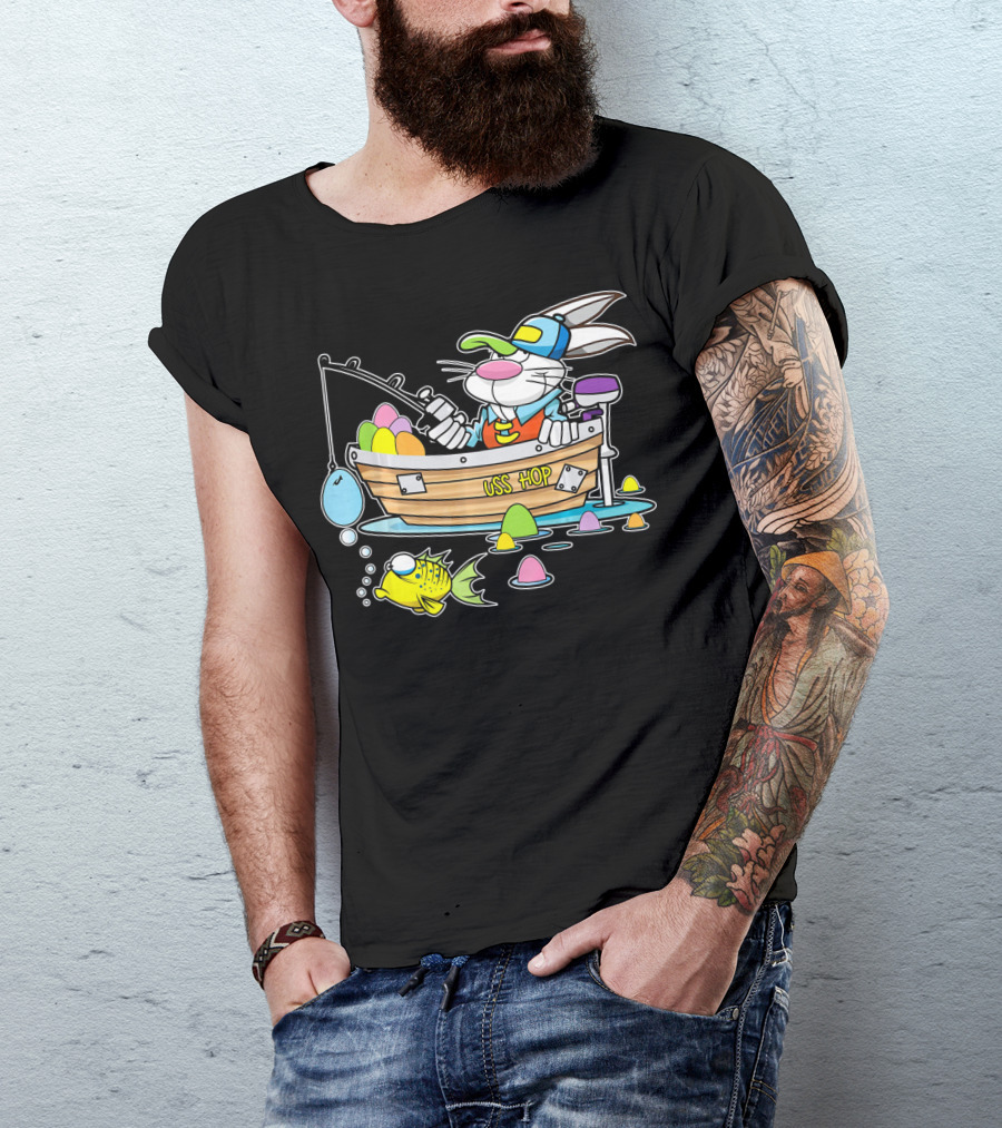 Fun Easter Bunny Fishing USS Hop With Eggs And Colorful Fish T-Shirt