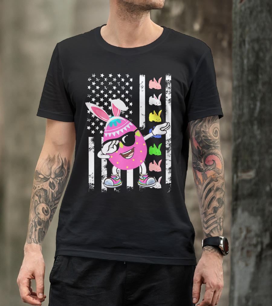 Dabbing Easter Egg Rabbit With American Flag And Bunny Icons T-Shirt