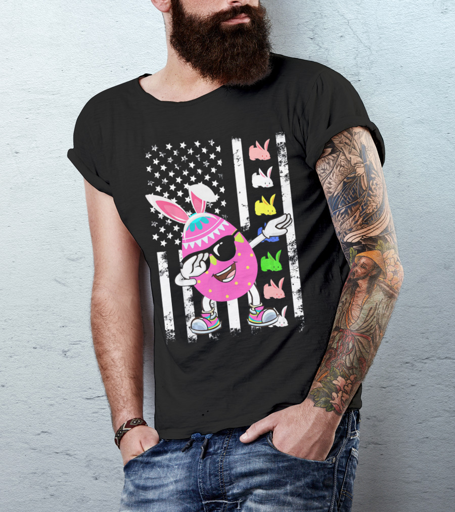 Dabbing Easter Egg Rabbit With American Flag And Bunny Icons T-Shirt