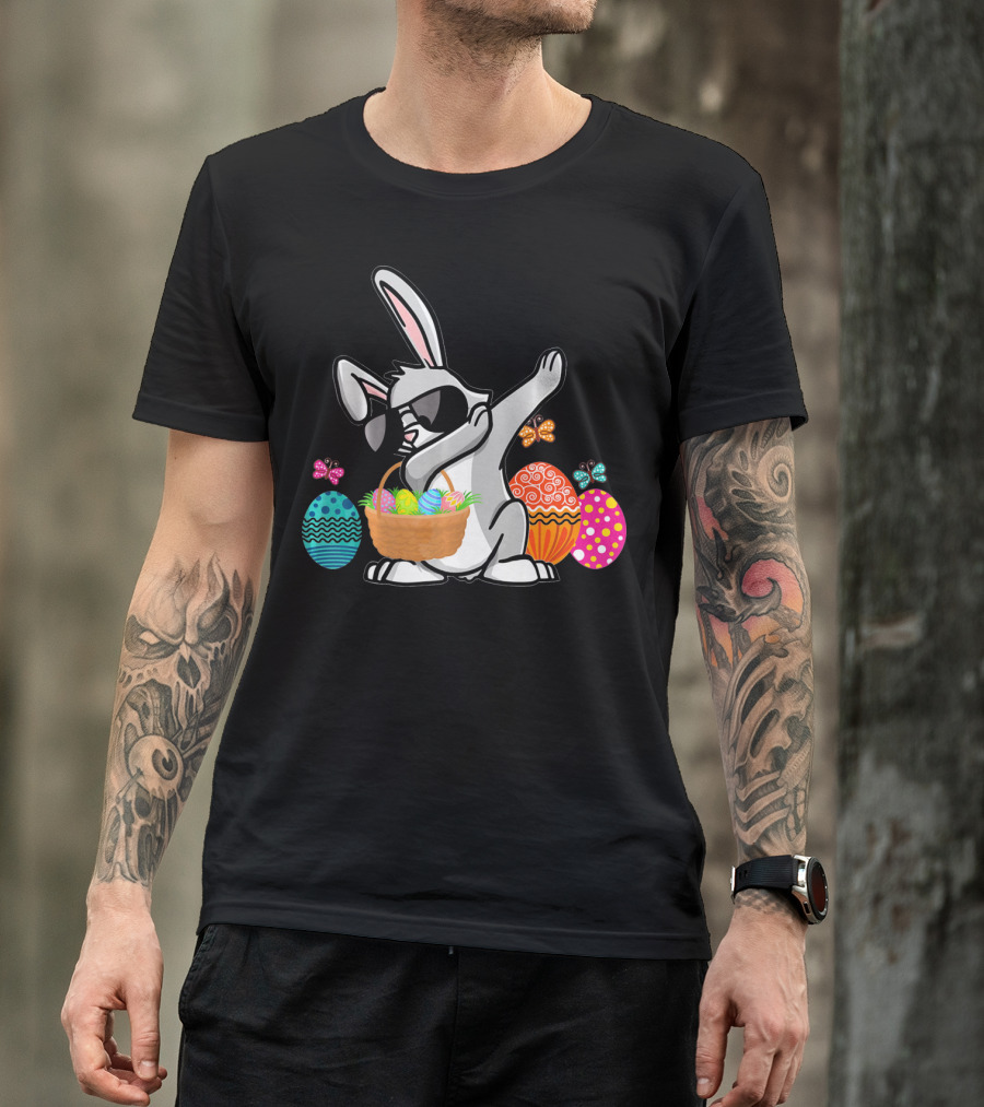 Dabbing Easter Bunny With Sunglasses And Basket Among Colorful Easter Eggs T-Shirt