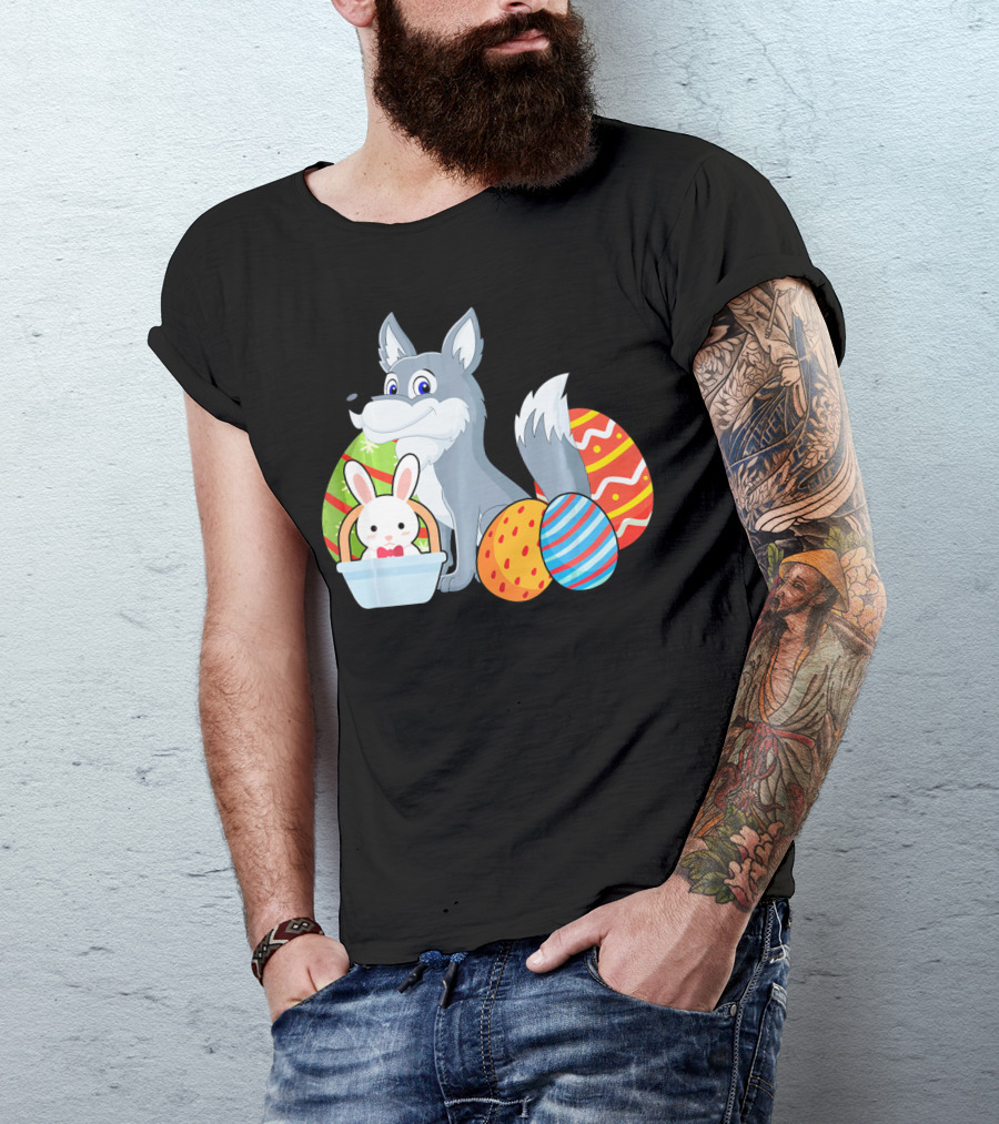 Easter Wolf Happy Bunny With Colorful Eggs T-Shirt