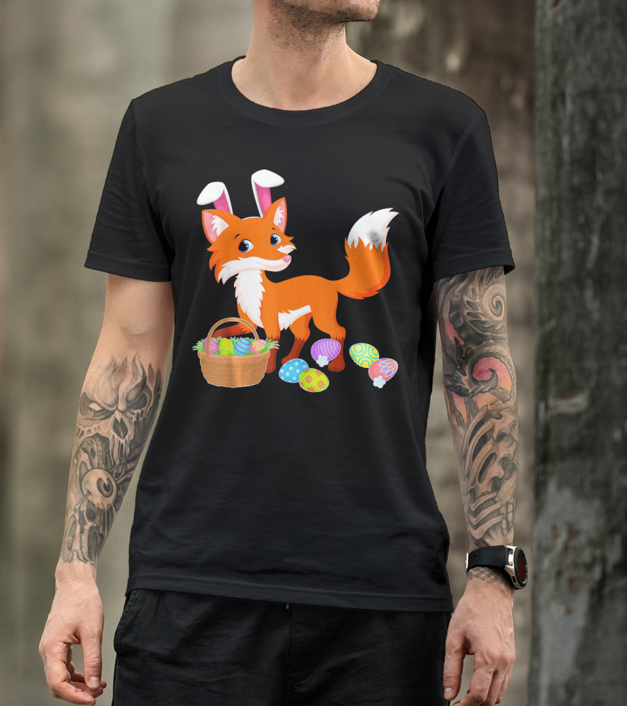 Happy Fox Easter Bunny Ears With Colorful Eggs Basket T-Shirt
