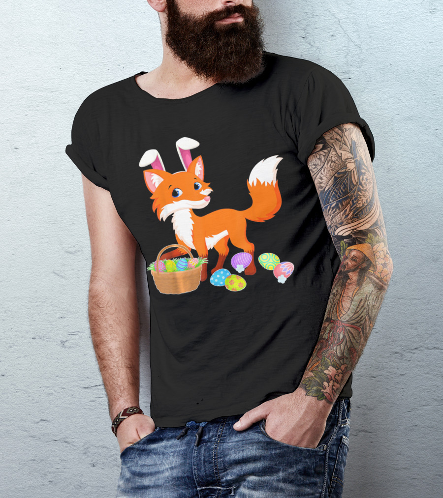 Happy Fox Easter Bunny Ears With Colorful Eggs Basket T-Shirt