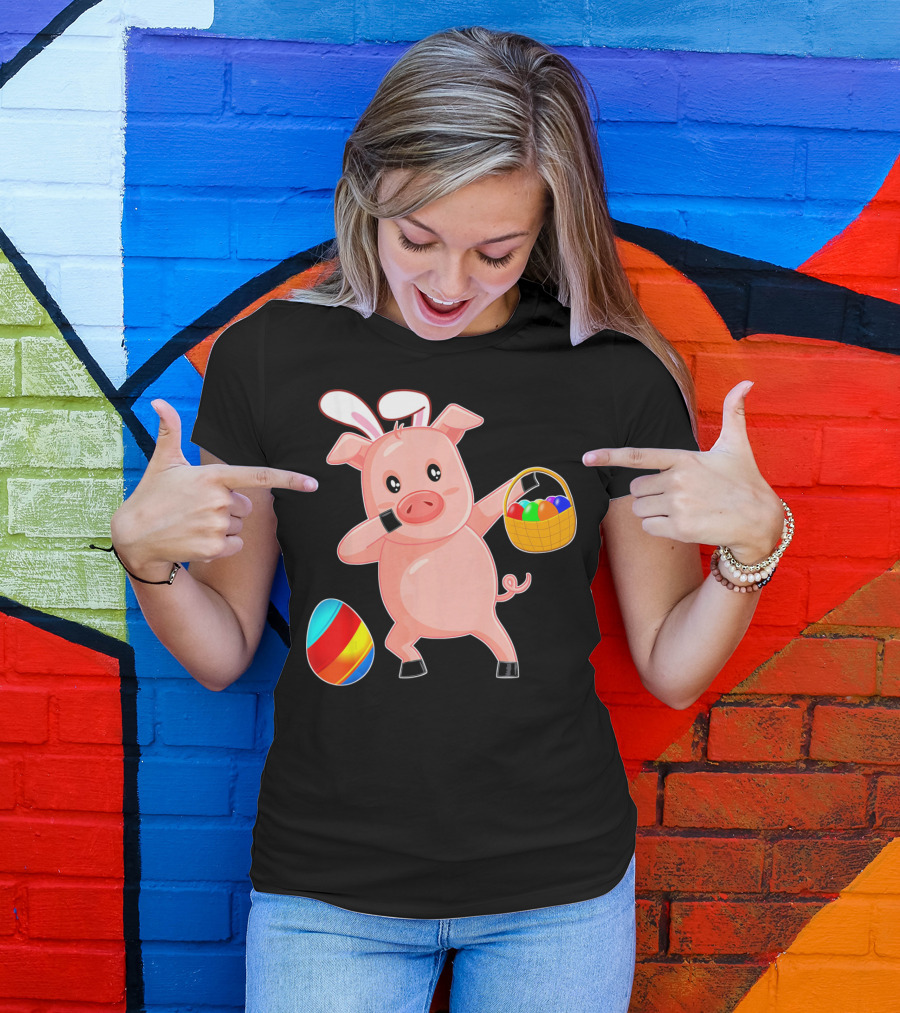 Easter Bunny Dabbing Pig With Colorful Egg Basket T-Shirt
