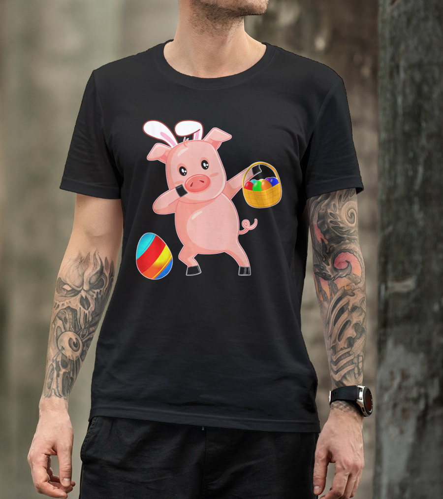 Easter Bunny Dabbing Pig With Colorful Egg Basket T-Shirt