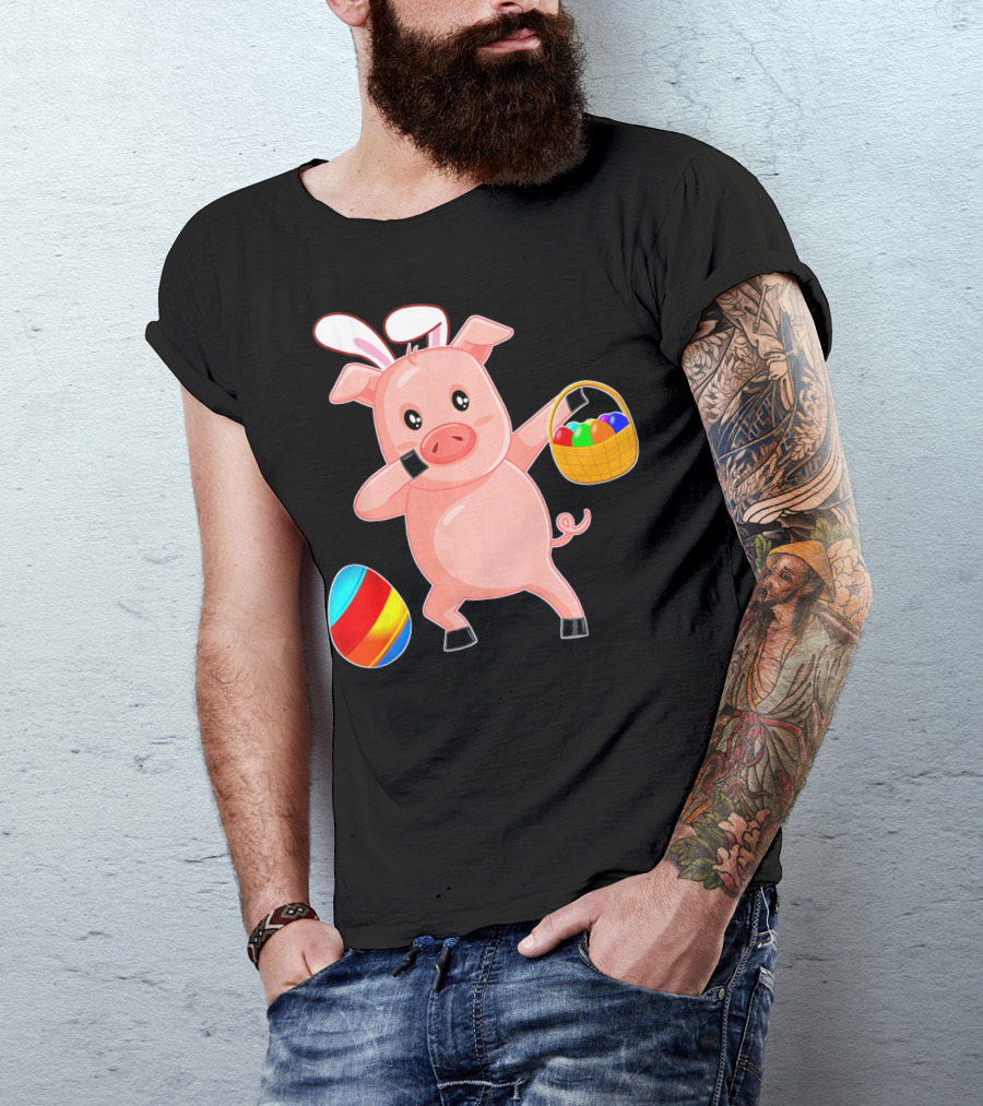 Easter Bunny Dabbing Pig With Colorful Egg Basket T-Shirt