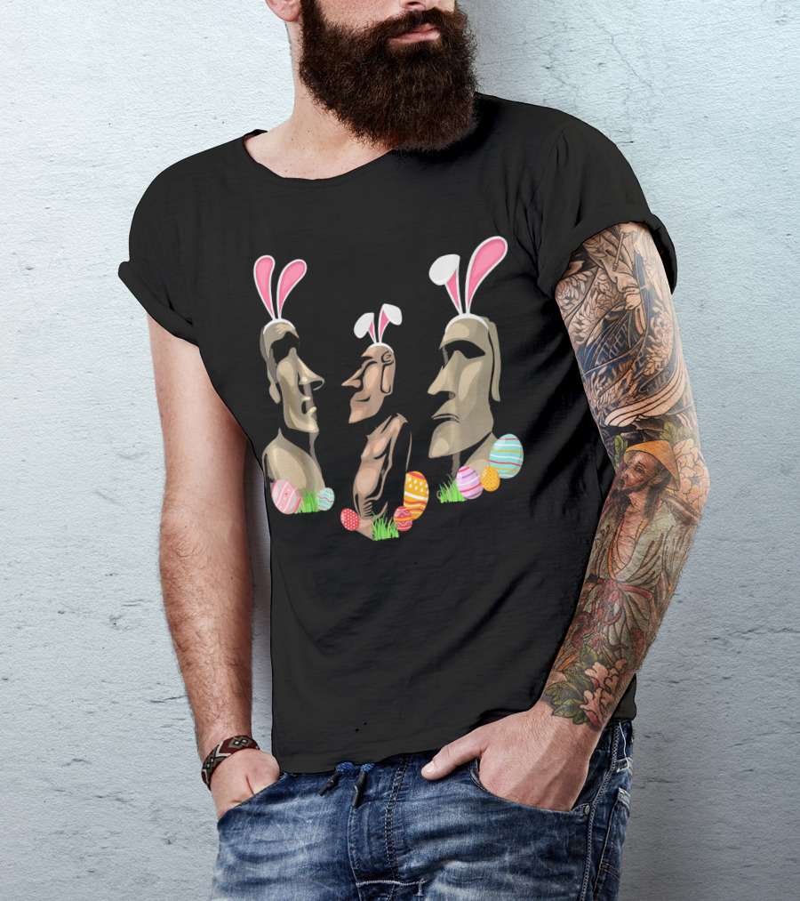 Funny Easter Island Statues Wearing Bunny Ears Surrounded By Colorful Easter Eggs T-Shirt