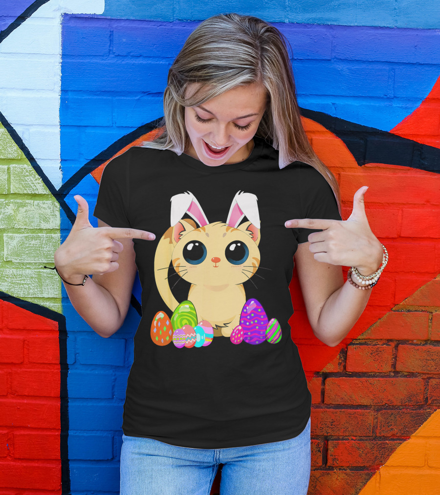 Cute Easter Cat Holiday Bunny Ears With Colorful Eggs T-Shirt