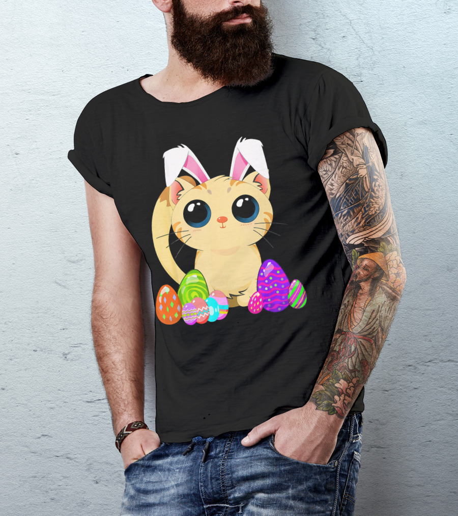 Cute Easter Cat Holiday Bunny Ears With Colorful Eggs T-Shirt