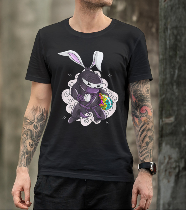 Easter Bunny Ninja Holding Colorful Egg In Cute Little Egg Hunt Scene T-Shirt
