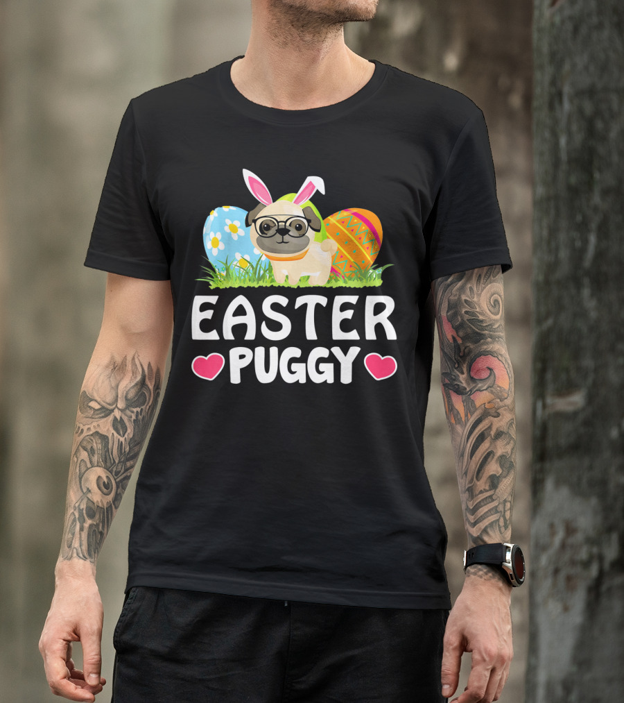 Easter Puggy Cute Dog Pug Funny Easter Bunny Ears And Eggs T-Shirt