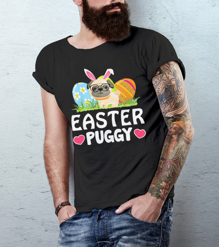 Easter Puggy Cute Dog Pug Funny Easter Bunny Ears And Eggs T-Shirt