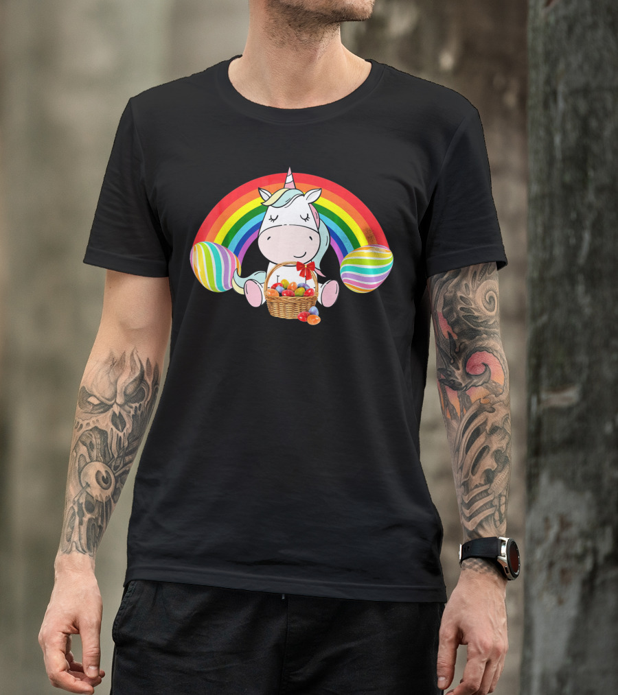 Unicorn Easter With Rainbow And Basket Of Eggs T-Shirt