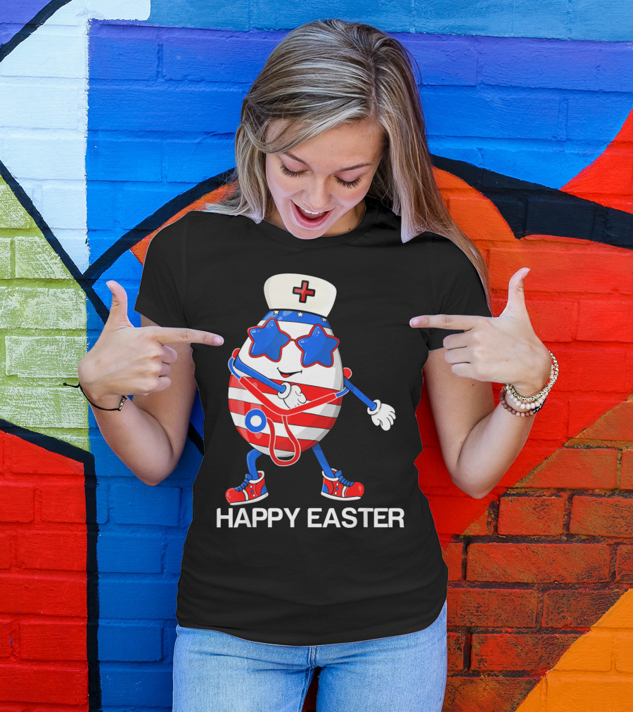 Happy Easter Flossing Egg With Stethoscope Nurse Hat And Stars T-Shirt
