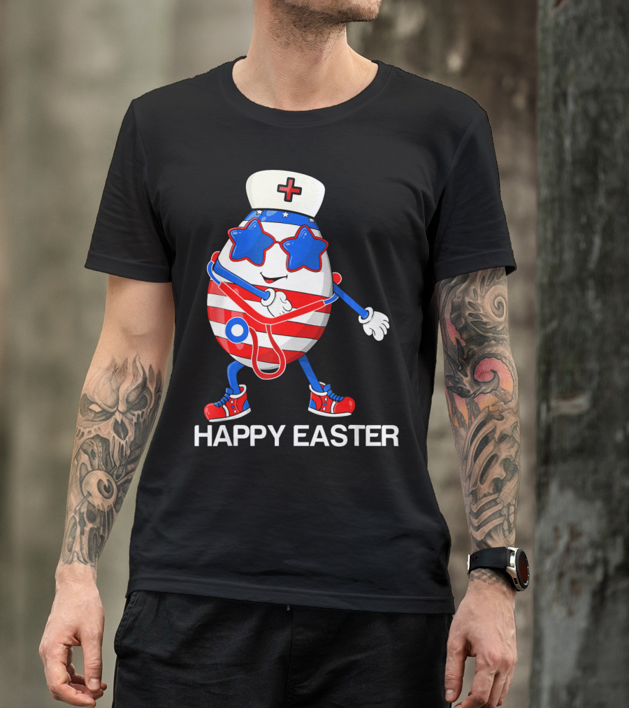 Happy Easter Flossing Egg With Stethoscope Nurse Hat And Stars T-Shirt