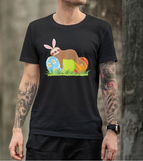Funny Sloth Easter Day Bunny Ear Egg Decorated T-Shirt