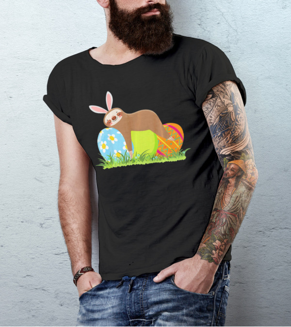 Funny Sloth Easter Day Bunny Ear Egg Decorated T-Shirt