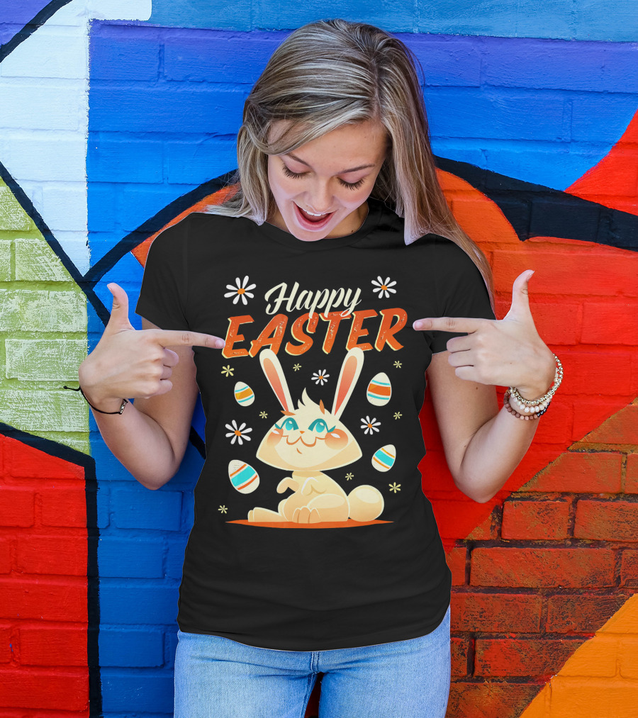Happy Easter Bunny Surrounded By Colorful Eggs And Daisies T-Shirt