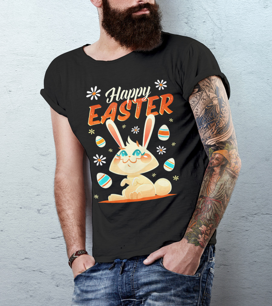 Happy Easter Bunny Surrounded By Colorful Eggs And Daisies T-Shirt