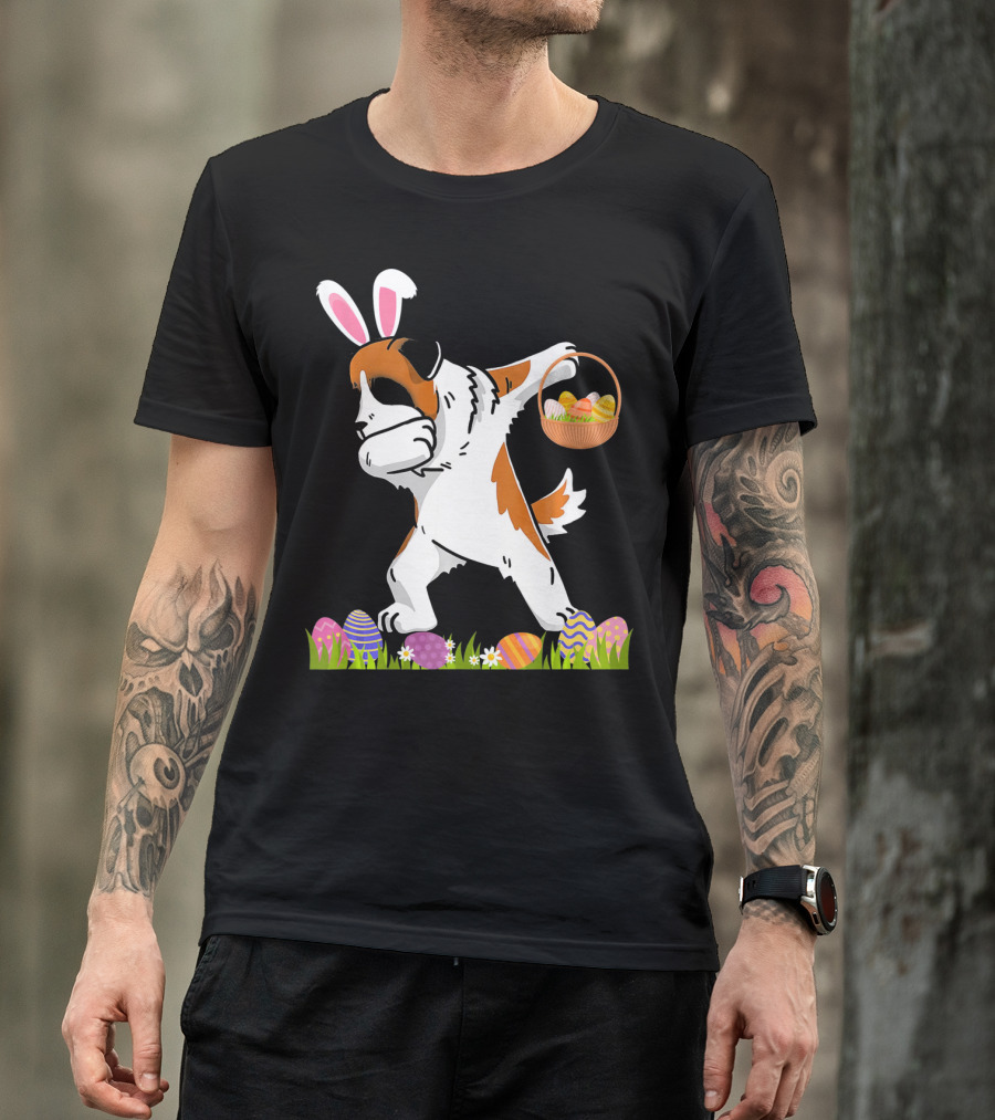 Funny Saint Bernard Dog Dabbing With Easter Bunny Ears And Basket Of Eggs T-Shirt
