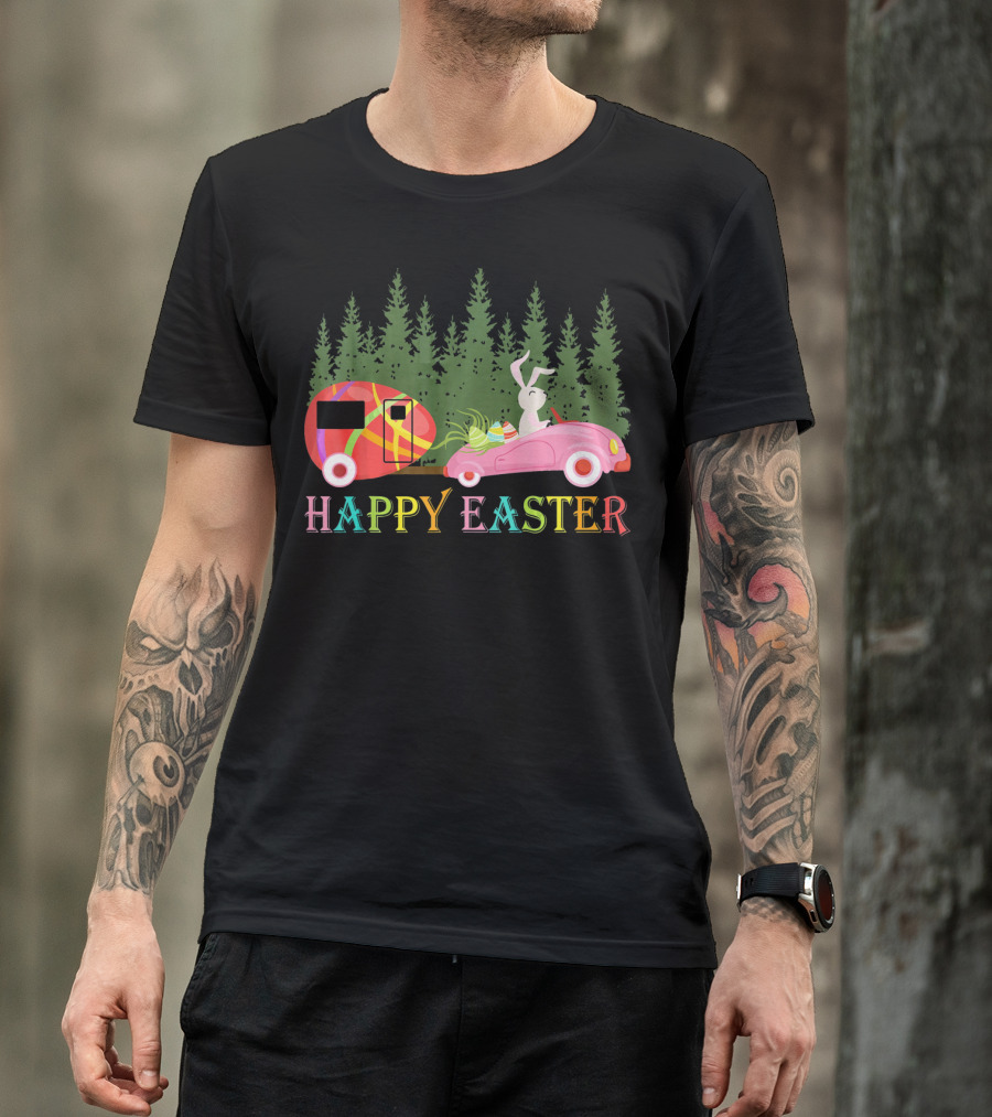 Happy Easter Day Bunny With Egg Camper And Car In Forest T-Shirt