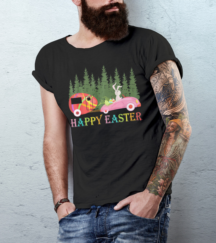 Happy Easter Day Bunny With Egg Camper And Car In Forest T-Shirt