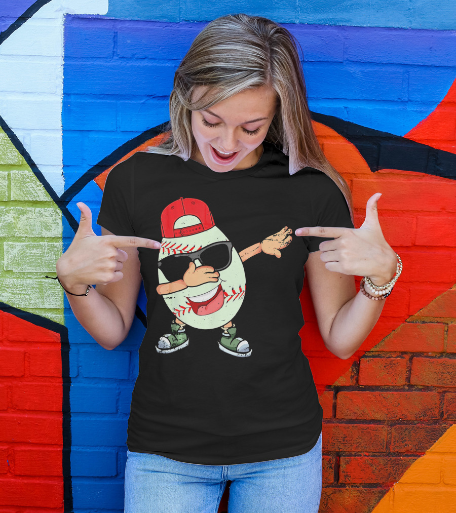 Funny Dabbing Baseball Easter Egg In Sunglasses And Red Cap T-Shirt