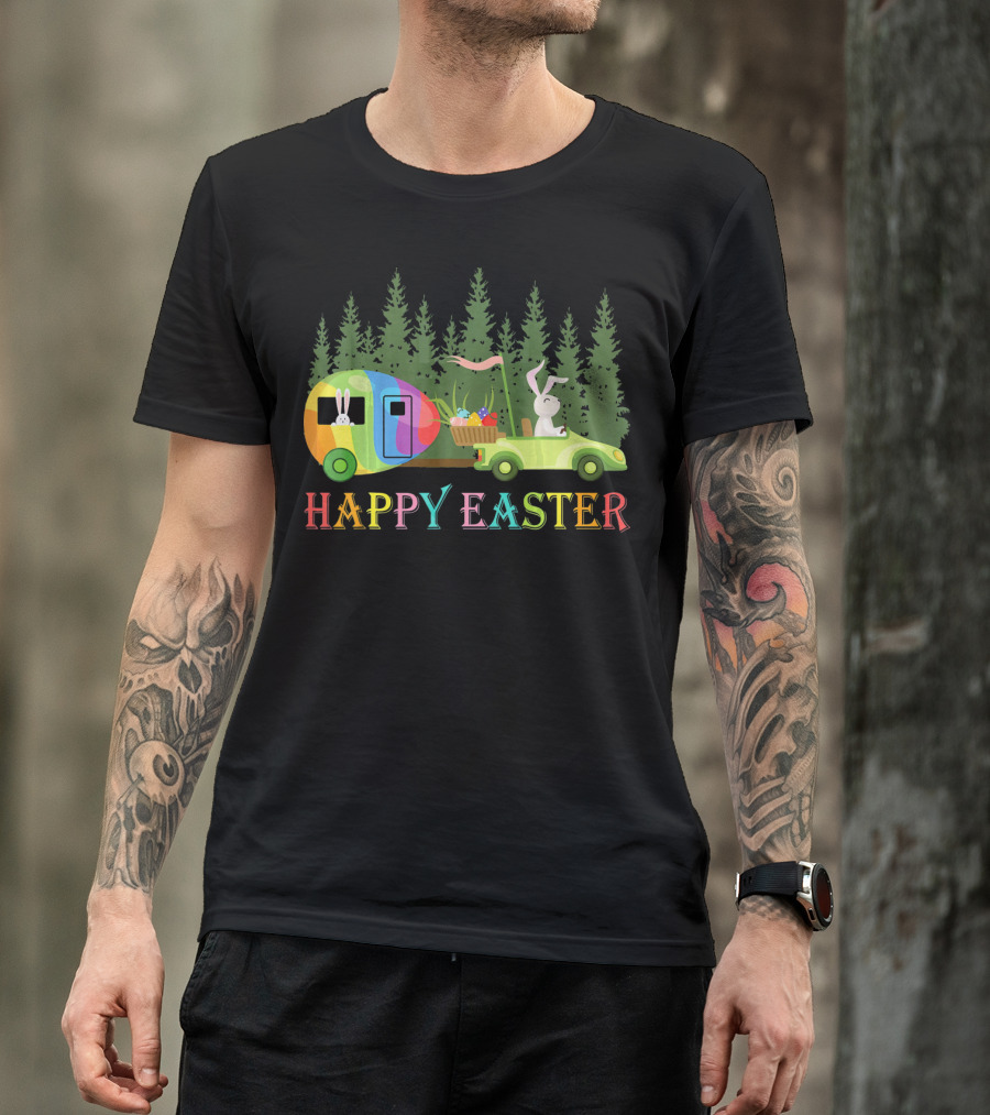 Happy Easter Bunny Driving Colorful Camper With Eggs In Forest T-Shirt