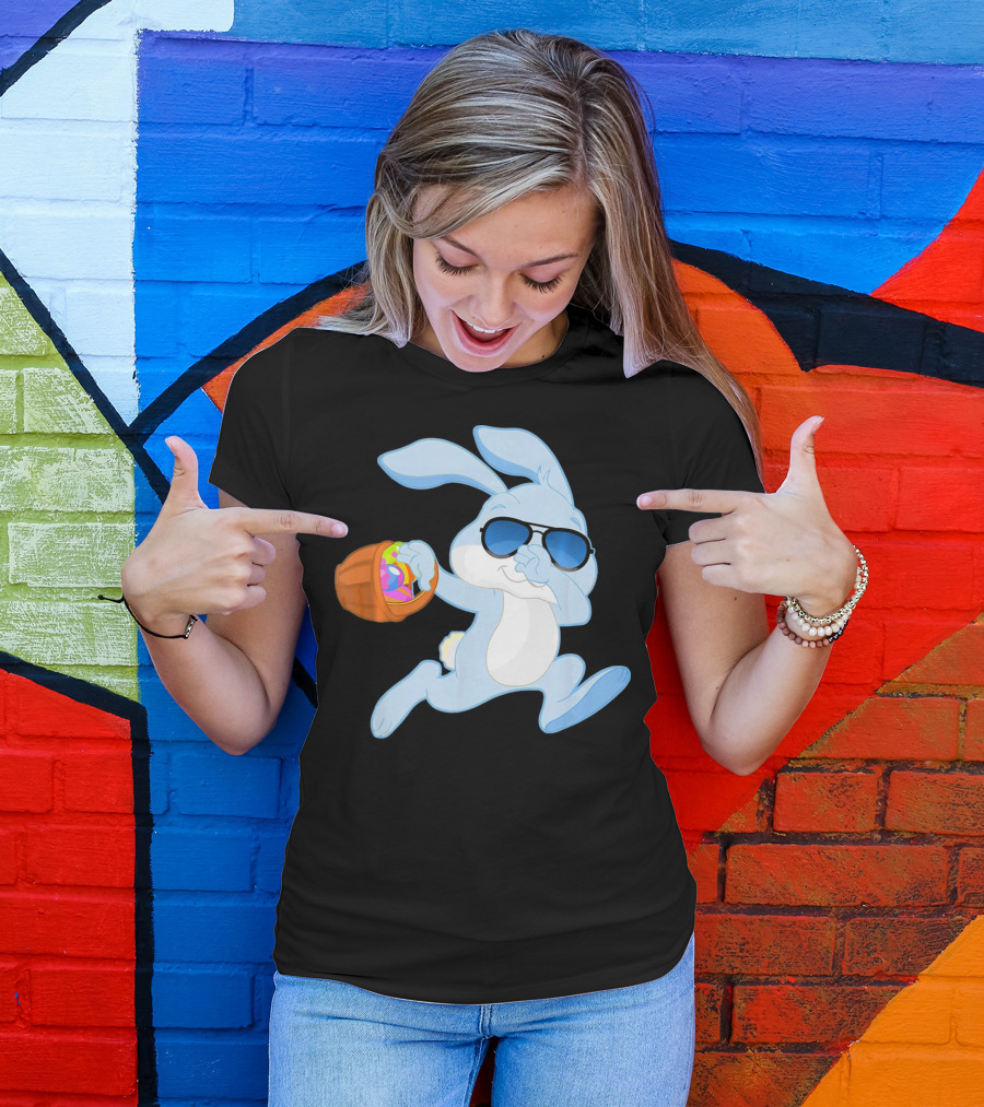 Easter Rabbit Sunglasses Holding Egg Basket T-Shirt