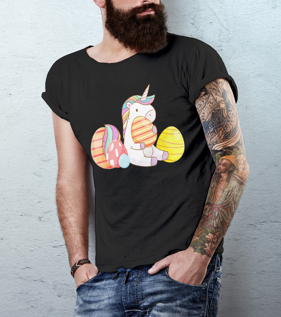 Unicorn Bunny Hugging Colorful Easter Eggs T-Shirt