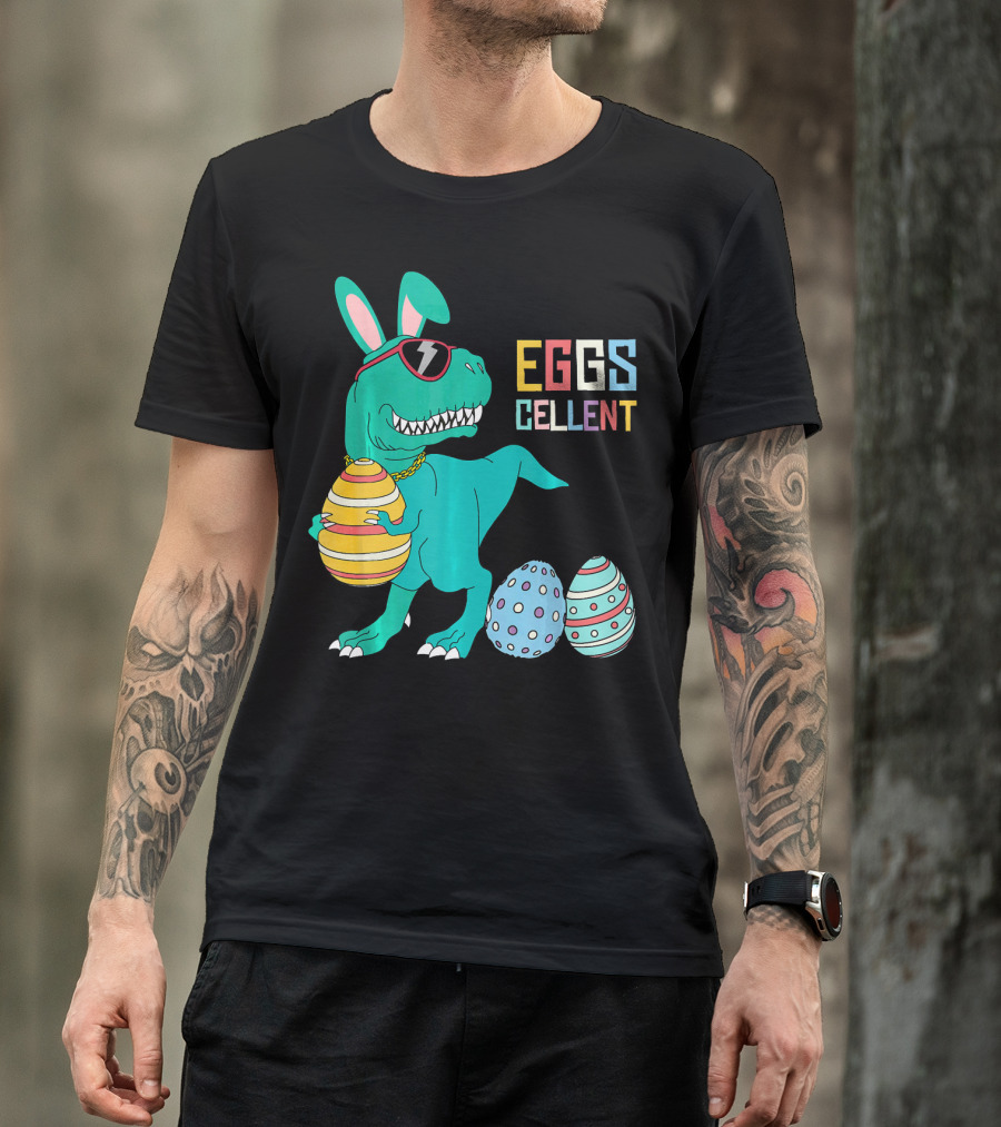Easter Dinosaur Eggs Cellent T-Rex With Sunglasses And Striped Polka Dot Eggs T-Shirt