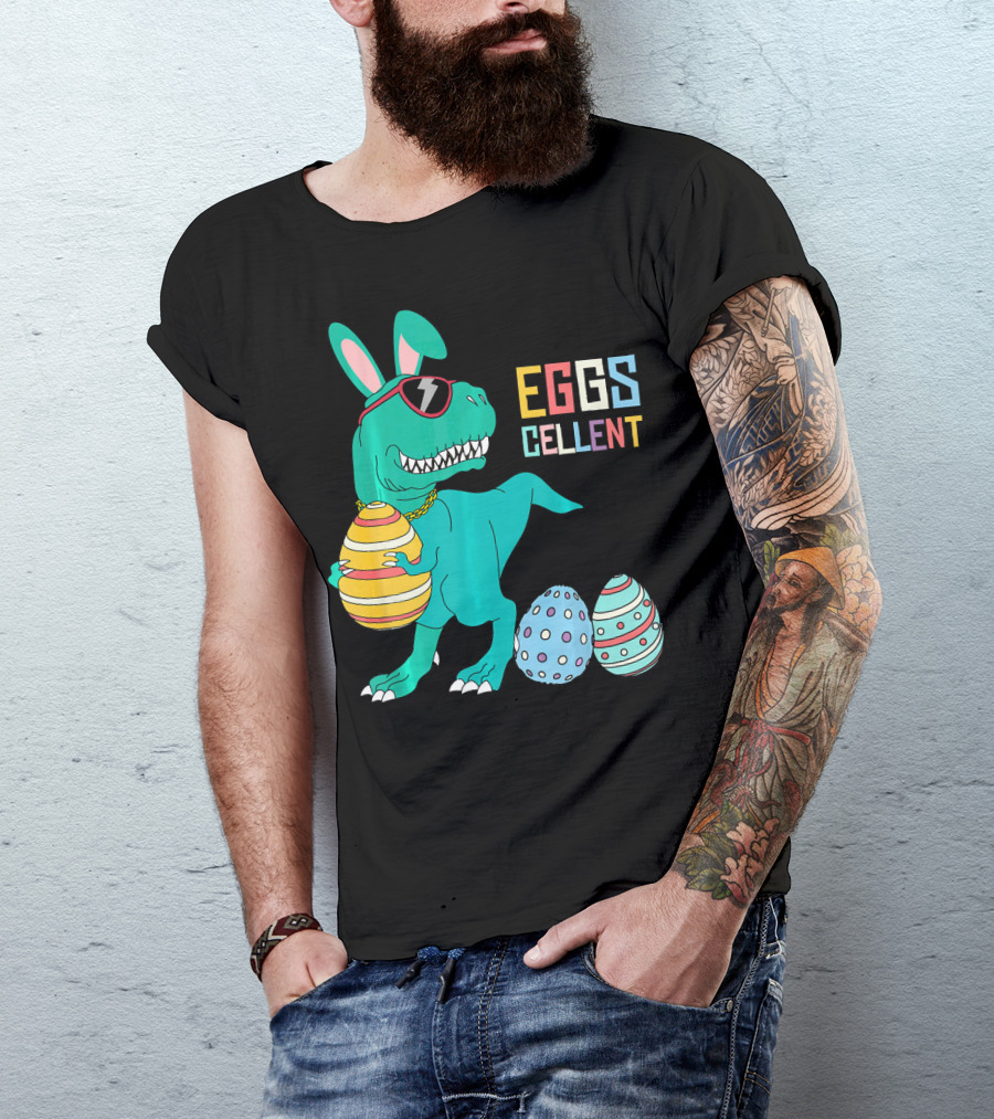 Easter Dinosaur Eggs Cellent T-Rex With Sunglasses And Striped Polka Dot Eggs T-Shirt