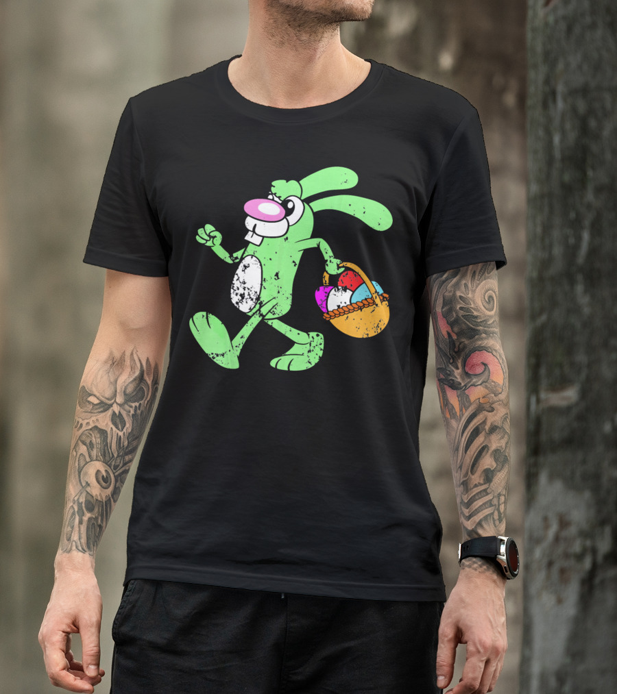 Retro Vintage Grunge Easter Bunny With Colorful Egg Basket T-Shirt